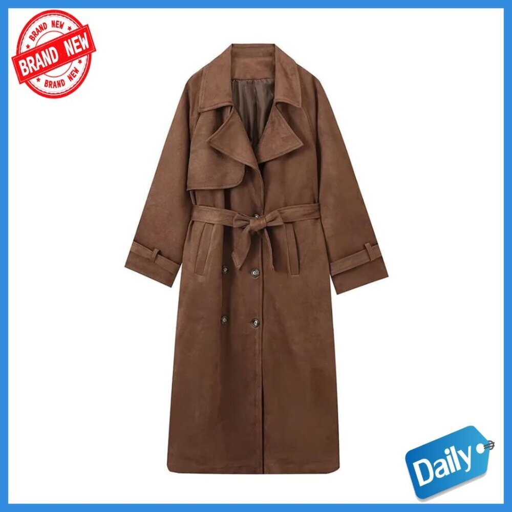 Faux Suede Trench Coat Double Breasted Pea Coat with Belt Ankle Length
